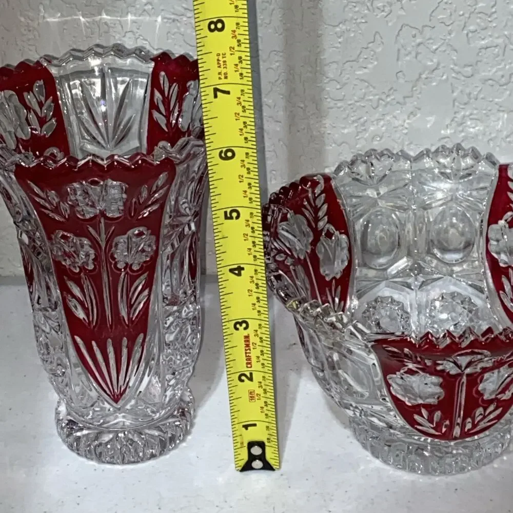 VTG Anna Hutte Bleikristall Germany Lead Crystal Floral Ruby Red Bowl Goblet Set